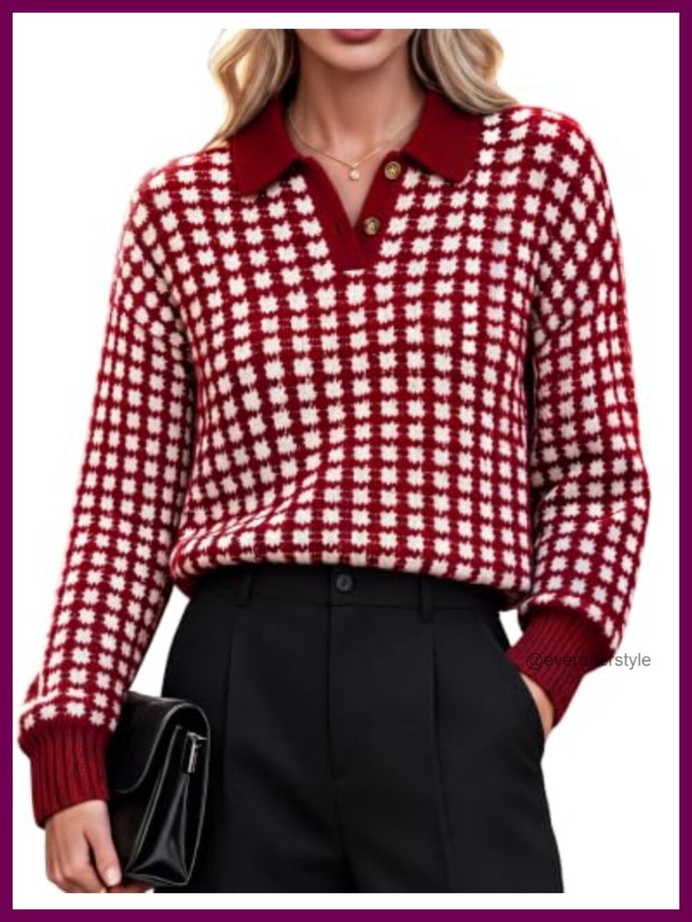 Polo Knit Sweater Houndstooth Long Sleeve V Neck Pullover Office Casual
